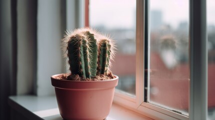 A cute cactus in a pastel pink pot on a windowsill. AI generated