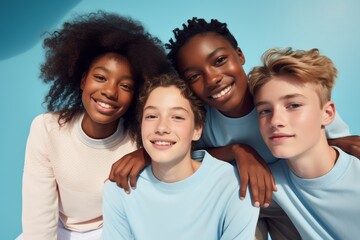 Skincare campaign group portrait with teenagers guys and girls. Ethnical diversity