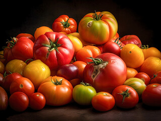 Fresh tomatoes of various shapes and sizes on a wooden table