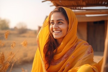 Portrait of a beautiful muslim woman sitting on a wheat field - obrazy, fototapety, plakaty