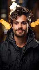 Young man with beautiful smile on background. Teeth whitening. Smile emotion illustration. Generative AI