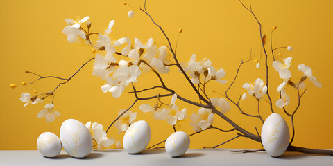 Obraz na płótnie Canvas Yellow Aesthetic Easter Eggs and Tree Branches Artwork