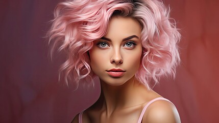 Fototapeta premium Beautiful model girl with short hair. Beauty smiling woman with blonde curly hairstyle dye. Fashion, cosmetics and makeup. Model illustration. Generative AI