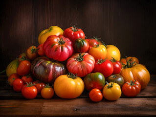 Fresh tomatoes of various shapes and sizes on a wooden table
