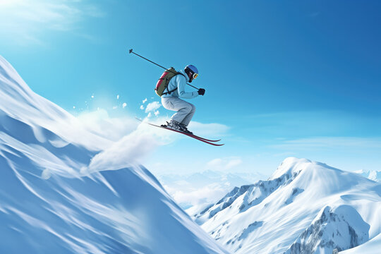Skier Jumping In Freeride Skiing Against Blue Sky