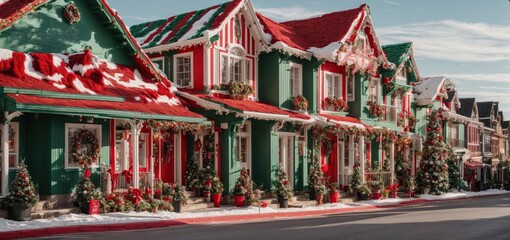 classic red and green to whimsical candy cane stripes, the houses on this street are decked out in a variety of festive colors and patterns, creating a visual feast for the eyes