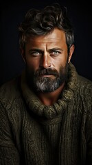 Young handsome man with beard wearing casual sweater standing over background depressed and worry for distress and afraid. Sad expression. Man face portrait illustration. Generative AI art