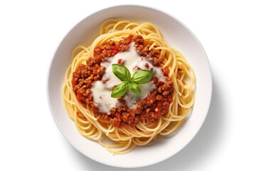 Spaghetti Bolognese In White Bowl, Top View