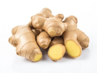 Fresh ginger rhizome with sliced isolated on white background