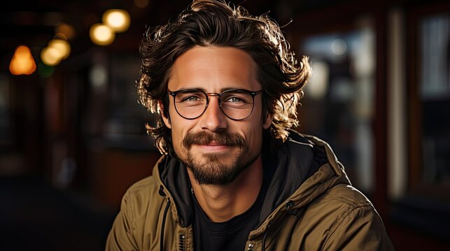 Portrait of Smiling Young Man with Facial Hair Wearing Eyeglasses and Leaning Against Brick Wall Painted with Graffiti. Model portrait illustration. Generative AI