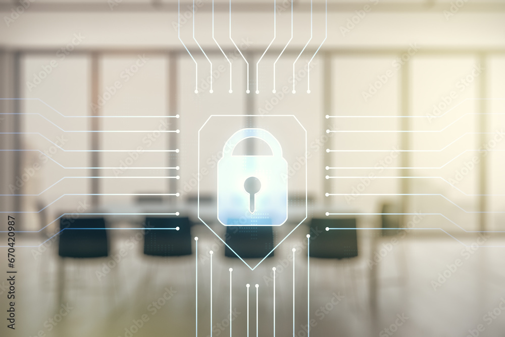 Poster double exposure of virtual creative lock hologram with chip on a modern meeting room background. inf