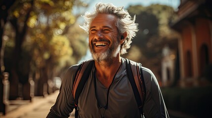 Portrait of a senior man in fitness wear running in a park. Close up of a smiling man running while listening to music using earphones. Man portrait illustration. Generative AI