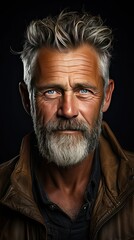 Obraz premium Confident hoary middle aged handsome man looking at camera. Web camera view mature senior grandfather. Man face portrait illustration. Generative AI art