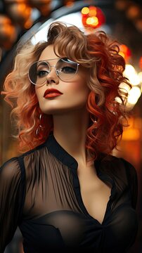 Close up shot of stylish young woman in sunglasses smiling against background. Beautiful female model. Smile emotion illustration. Generative AI