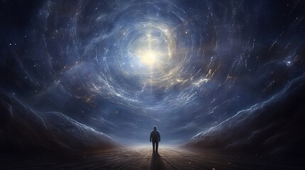 Man in front of a tunnel of space.