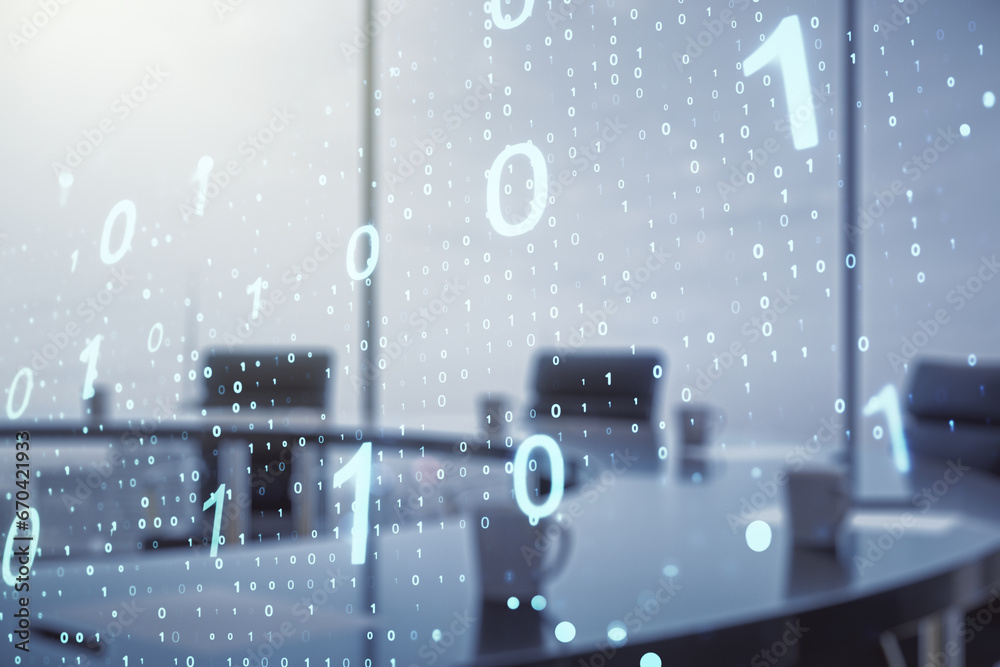 Leinwandbilder double exposure of abstract virtual binary code hologram on a modern meeting room background. databa