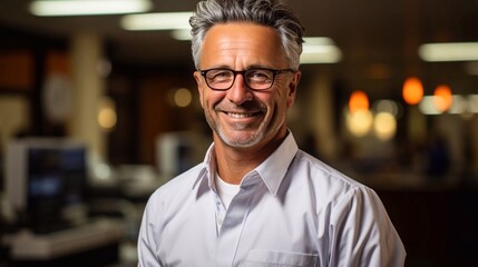 Fototapeta premium Portrait of a middle-aged manajar on office background. Doctor at workplace with ai generative