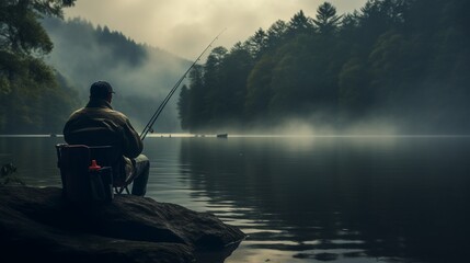 A fisherman doing fishing in river - obrazy, fototapety, plakaty