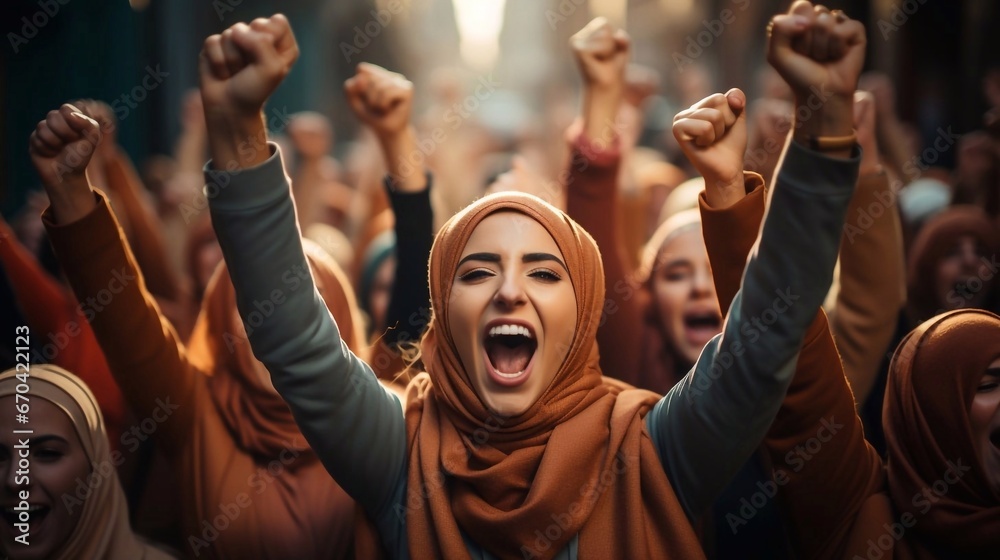 Wall mural Women, wearing in hijabs, protesters fighting for their rights. AI generation