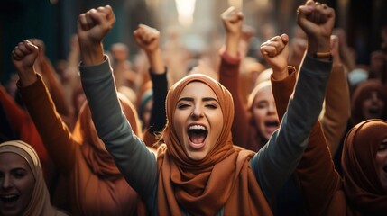 Women, wearing in hijabs, protesters fighting for their rights. AI generation - obrazy, fototapety, plakaty