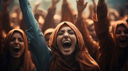 Women, wearing in hijabs, protesters fighting for their rights. AI generation - obrazy, fototapety, plakaty