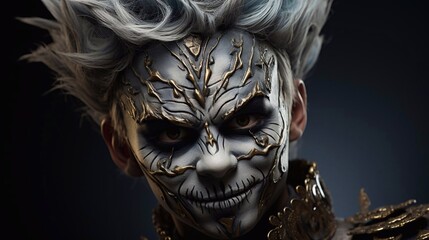 Studio portrait of boy with evil make up on dark background. AI generative