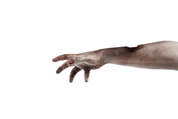The hand of a scary zombie with blood and wounds
