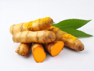 Turmeric (Curcuma longa Linn) rhizome (root) sliced with green leaves isolated on white background