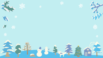 Christmas winter landscape with snow, background frame, hand drawn cute illustration / クリスマスツリーのある冬の風景、背景フレーム、手描きのかわいいイラスト