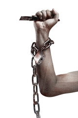 Fototapeta na wymiar The hand of a scary zombie with blood and wounds holding a knife while tied to the iron chain
