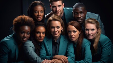 Fototapeta premium Smiling team of diverse businesspeople standing together in an office. AI generative