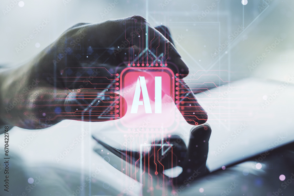 Aufkleber creative artificial intelligence symbol concept with finger presses on a digital tablet on backgroun