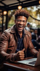 Obraz premium Close up portrait of young man rejoices at success with working with laptop in caffe. AI Generative