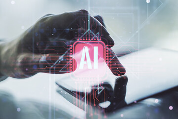 Creative artificial Intelligence symbol concept with finger presses on a digital tablet on background. Double exposure - obrazy, fototapety, plakaty