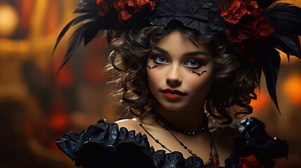 Fototapeta premium Portrait of young woman in a hat with carnival makeup. AI generated