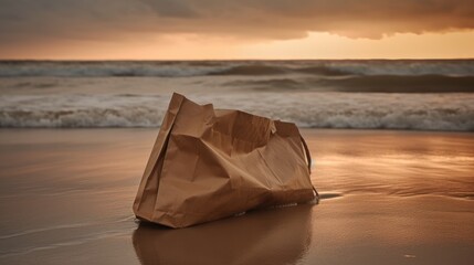 A forlorn paper bag tossed aside on a pastel seascape. AI generated