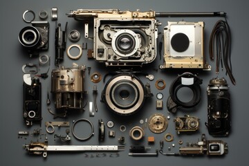Photograph of a disassembled camera with all visible internal components.