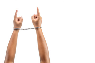 Human hand in handcuff with a hand gesture of pointing something