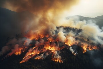 Fototapeta na wymiar Wildfire on the mountain during the day -