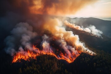 Fototapeta na wymiar Wildfire on the mountain during the day -