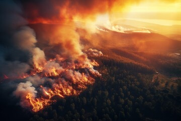 Wildfire on the mountain during the day - - obrazy, fototapety, plakaty