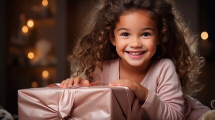 Fototapeta na wymiar Happy kid girl with gift box. AI generation