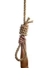 Man hand holding rope with a hangman noose knot