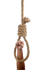 Man hand holding rope with a hangman noose knot