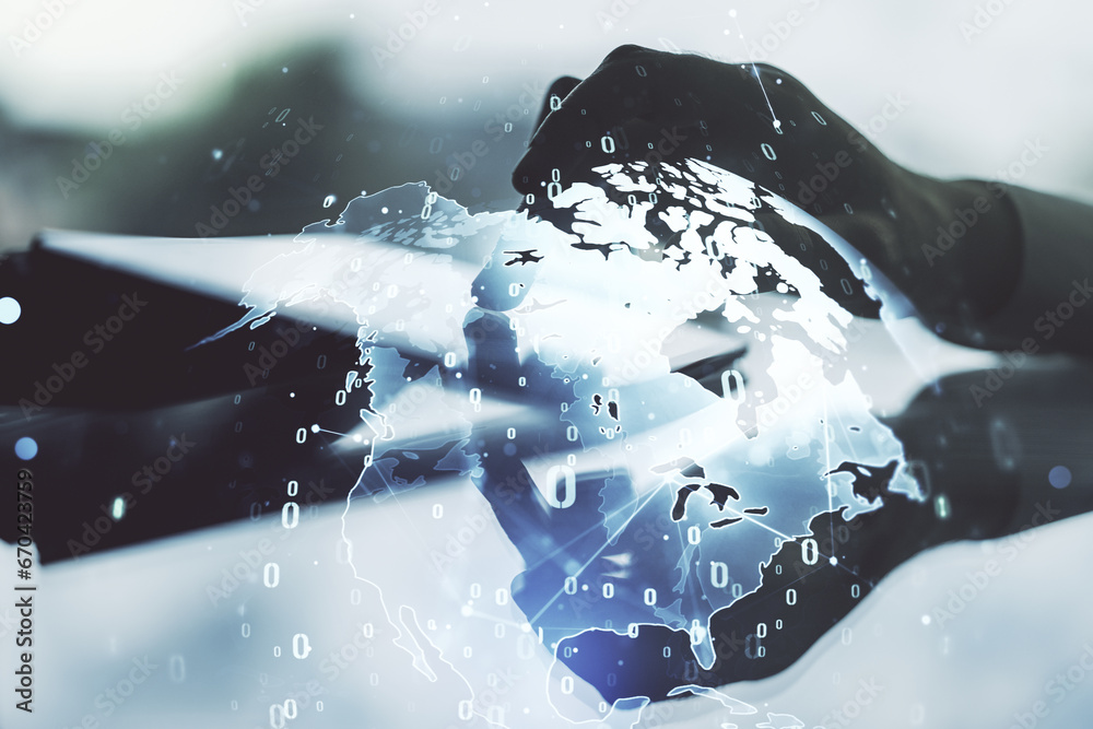 Poster double exposure of abstract programming language hologram with world map and finger clicks on a digi