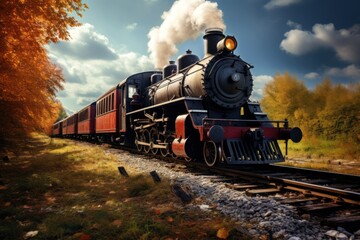 Vintage steam train with vintage locomotive and old carriages running on railway tracks in countryside wide angle lens.