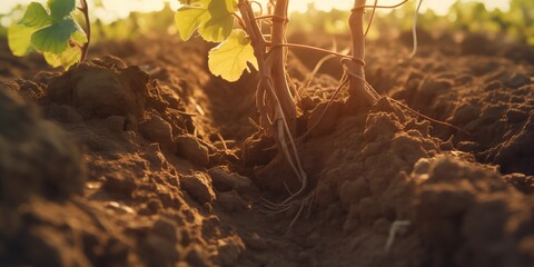 Vine Roots In Clay Vineyard Soil Horticulture Concept - obrazy, fototapety, plakaty
