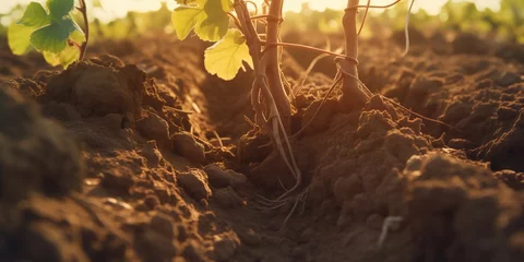 Fotobehang Vine Roots In Clay Vineyard Soil Horticulture Concept © Anastasiia