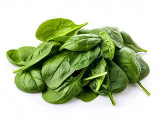 Pile of spinach leaves close-up on a white background