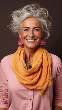 Close up portrait of older woman on solide background. Copy paste place. AI generated